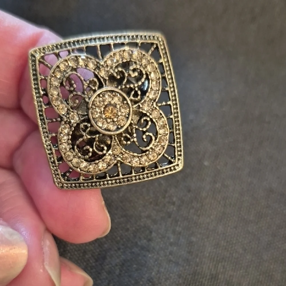Vintage Style Statement Ring In Bronze And Rhinestone Detail, Adjustsble Sizing